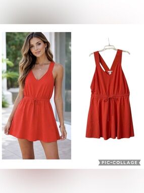Athleta Savannah Bright Orange V-neck Sleeveless Tie Waist Dress Size Large